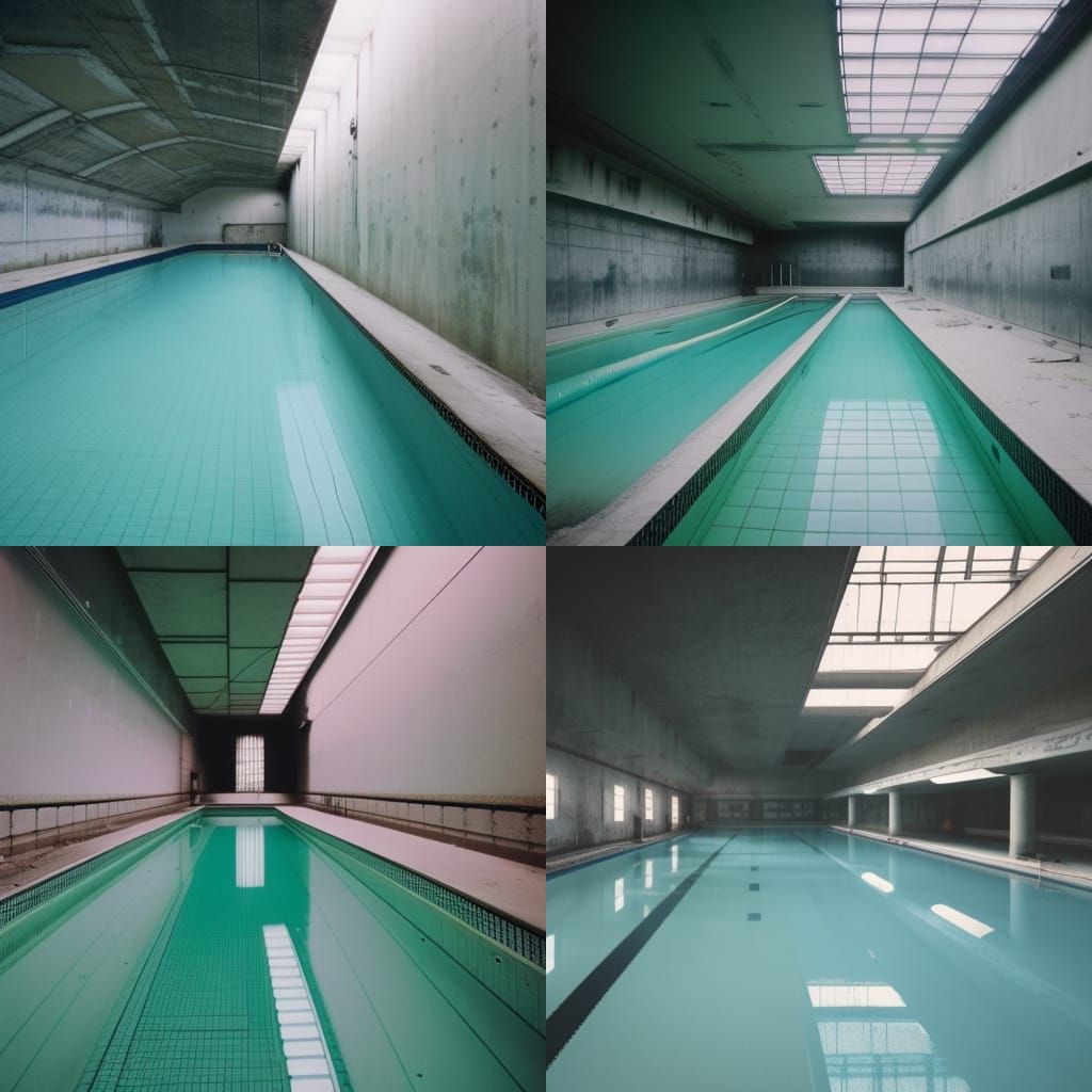 Eerie Abandoned Pool: Liminal Space in Brutalist Style