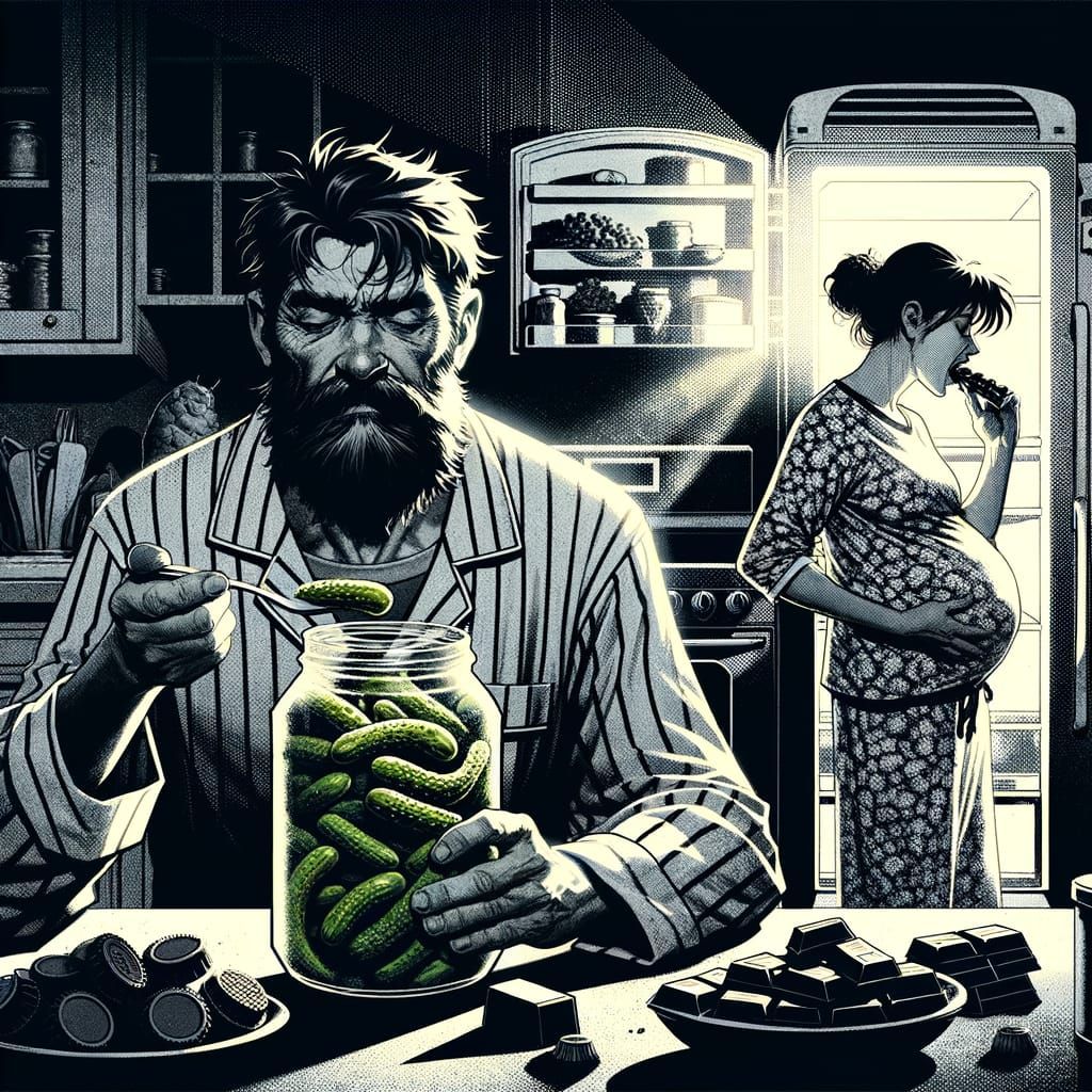Midnight Kitchen Scene: Exhausted Father, Pregnant Mother, P...
