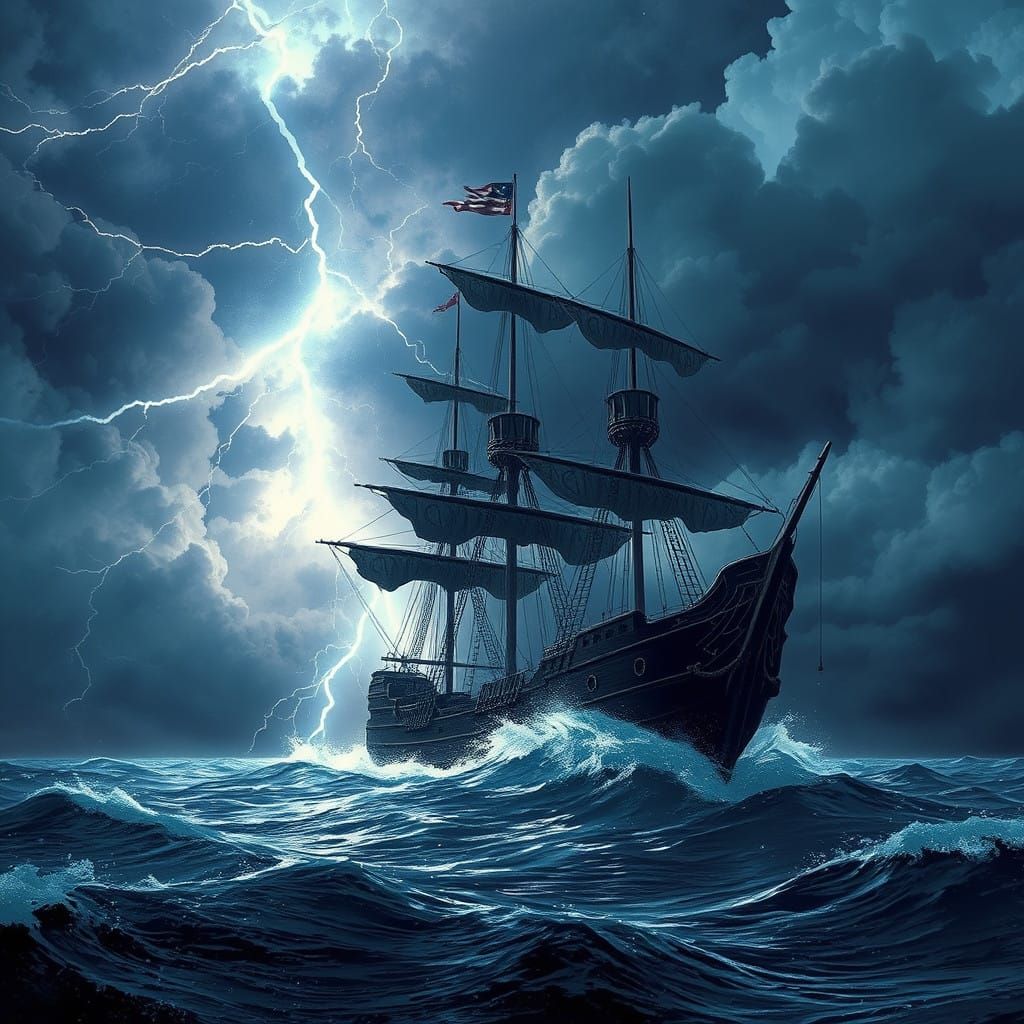 Epic Pirate Ship Battles Stormy Night Sea