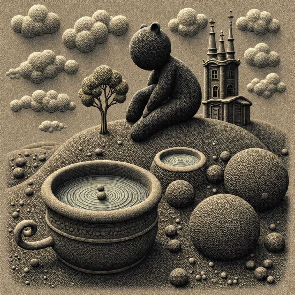 When your teddy bear outgrows the toy box and starts contemplating life by the world’s fanciest teacup pond.☁️🐻🍵⛪