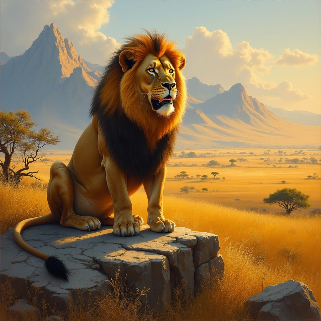 Regal Lion Surveying Golden Savannah in Classical Oil Painti...