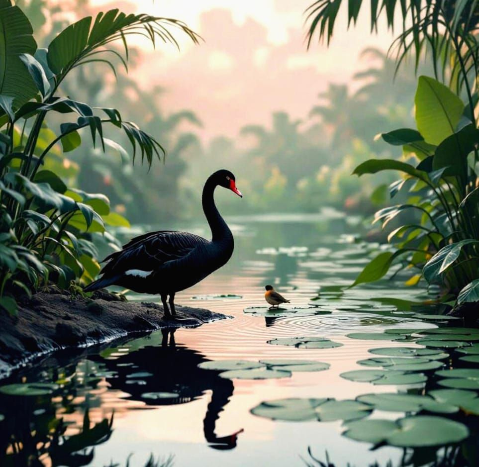 Black Swan and Sparrow in Gritty Film Photography Style