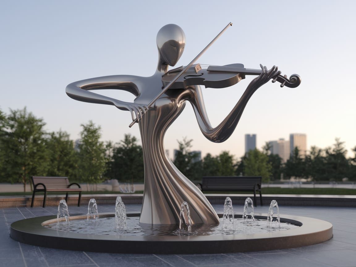 Elegant Futuristic Violinist Sculpture in Urban Oasis