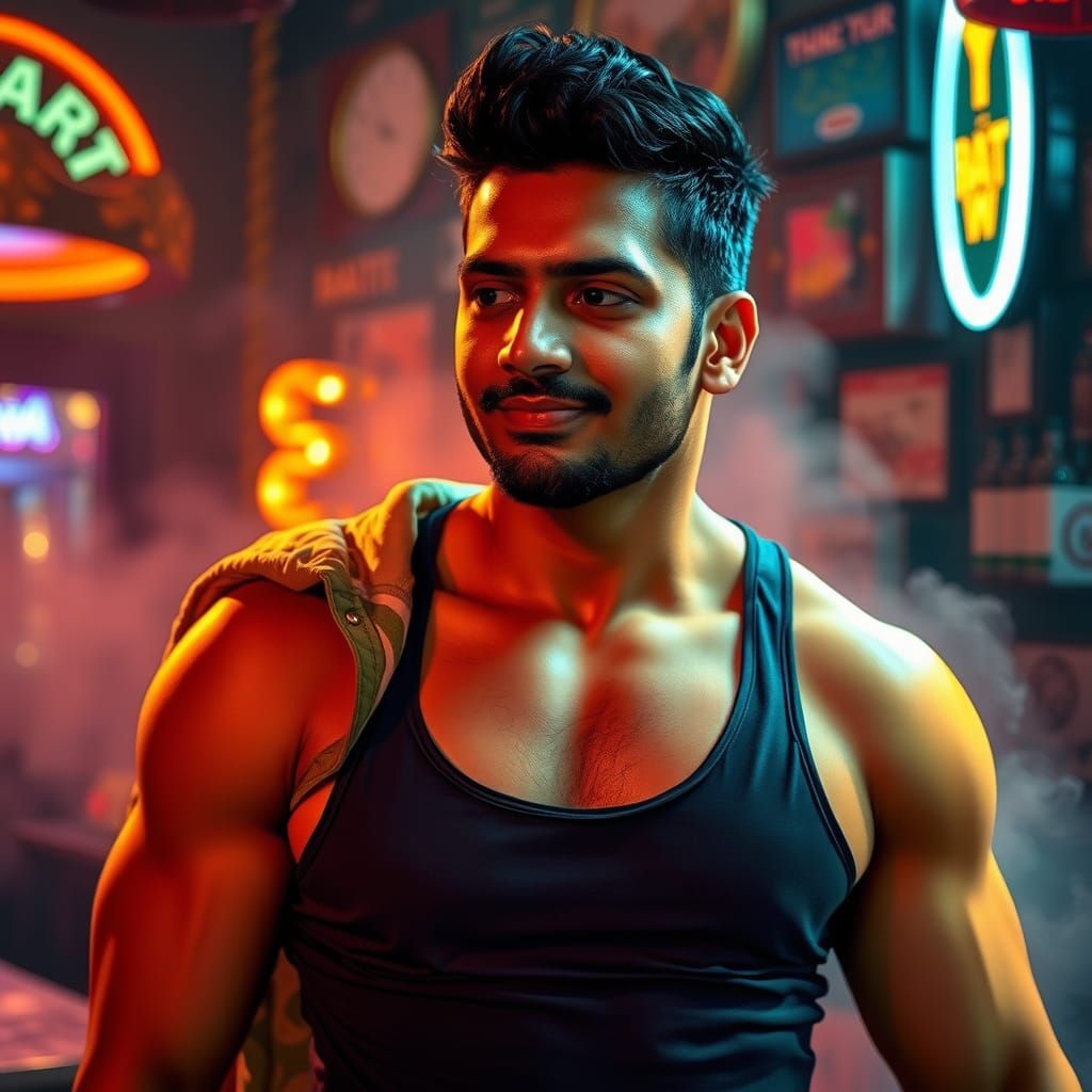 South Indian Man Displays Muscular Physique in Bar