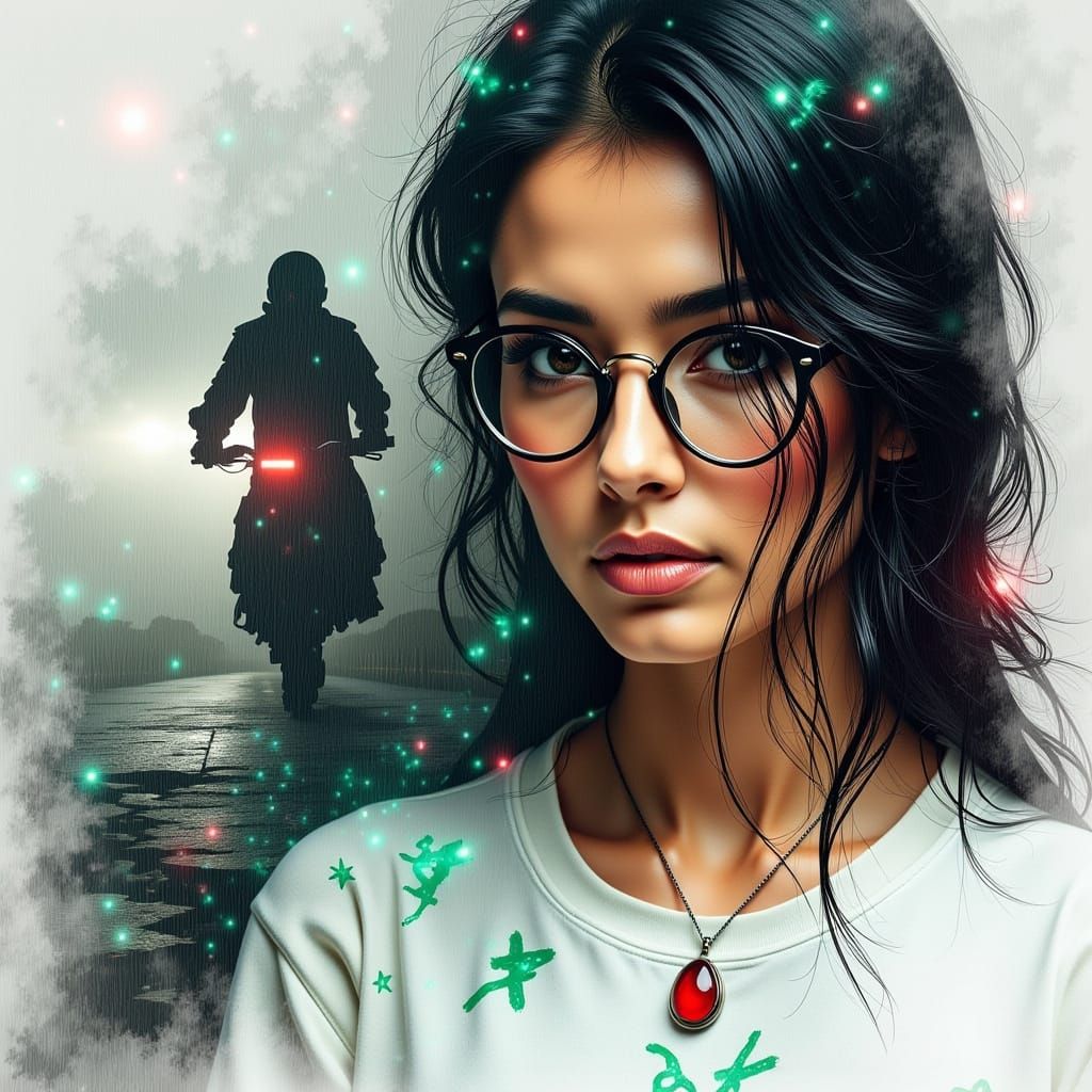 Double Exposure Sketch: Motorcycle and Woman in Graffiti Rai...