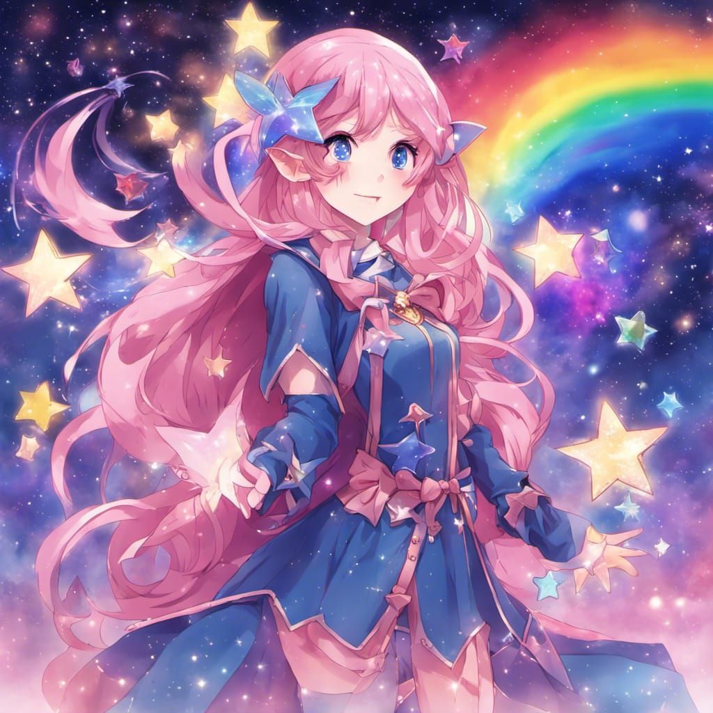 Kawaii Elf Girl Mage with Galaxy Magic in Anime Style