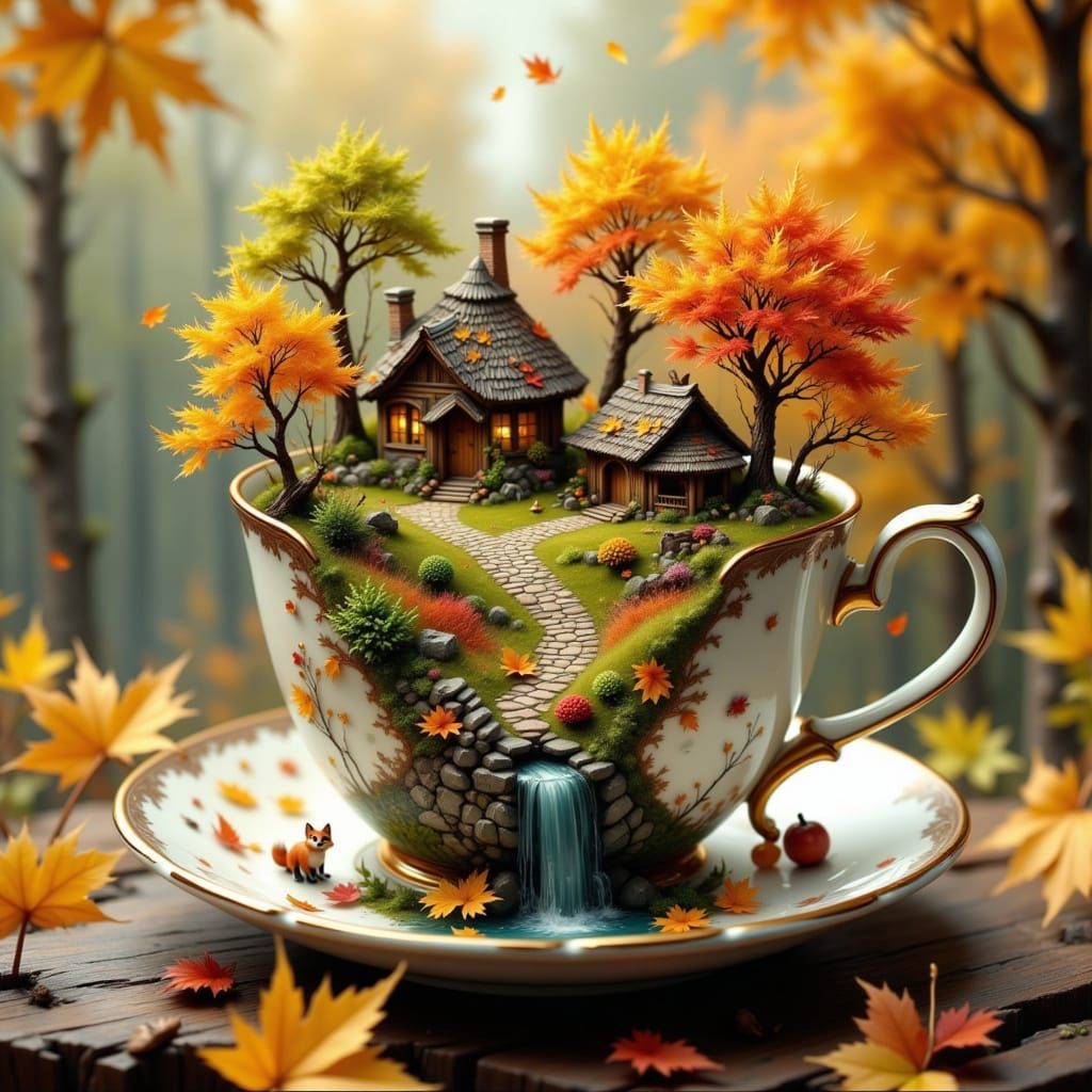 Miniature Autumn Village in a Teacup