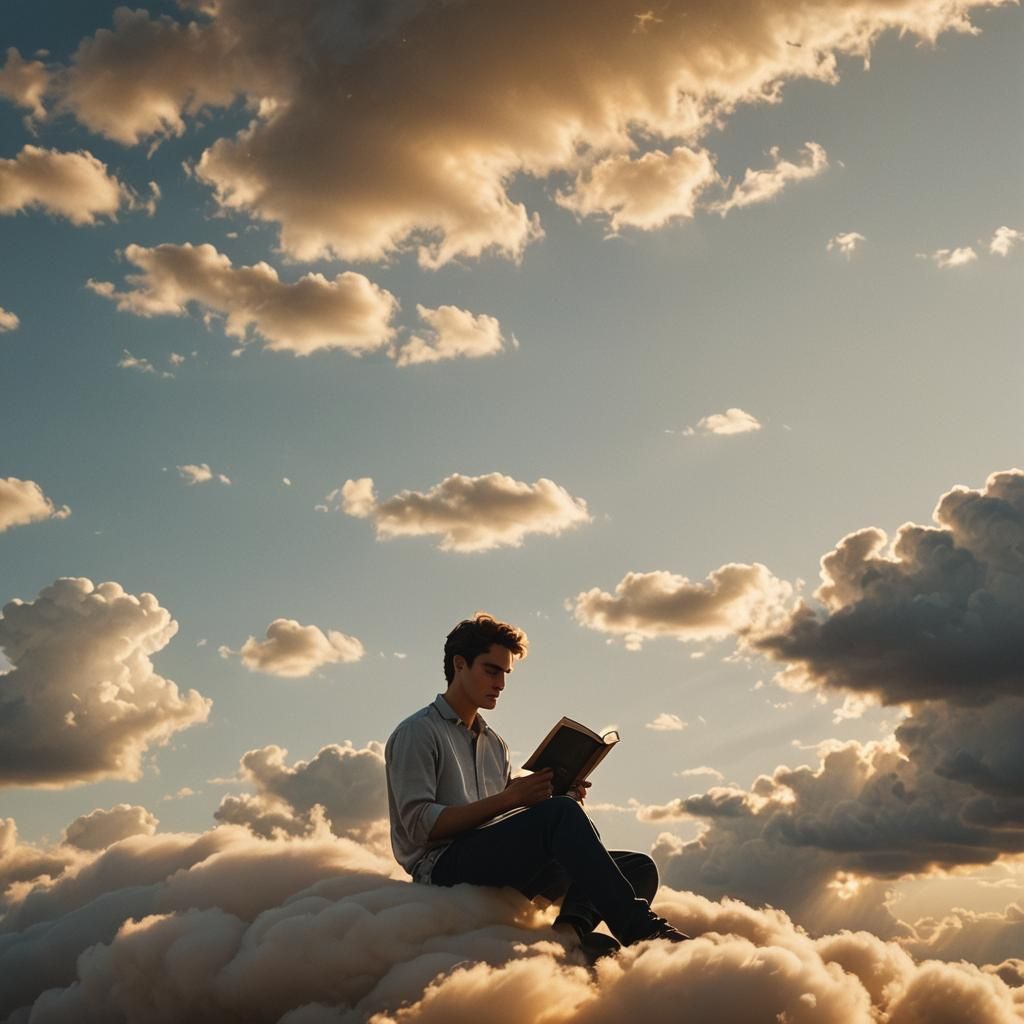 Young Man Reading on Cloud in Golden Light
