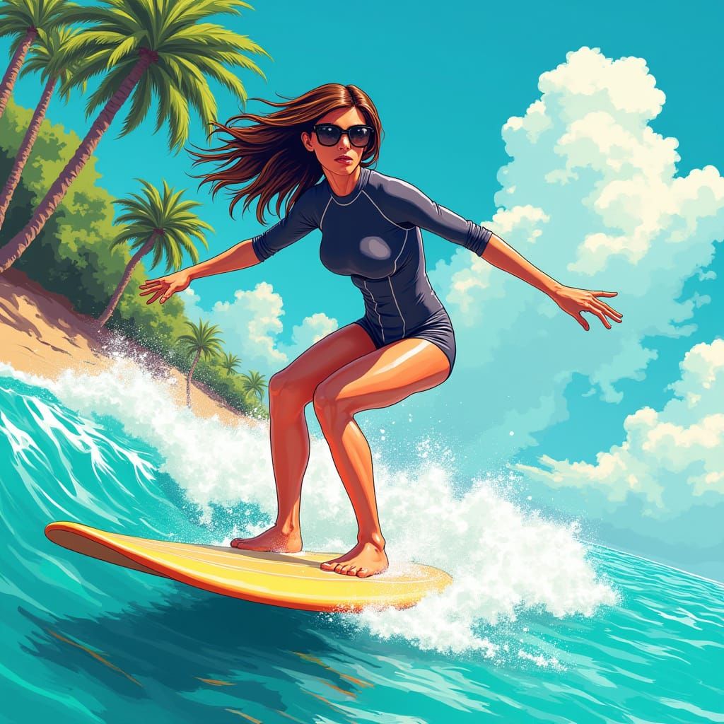 Surfer Girl Rides Tropical Wave in Comic Art Style