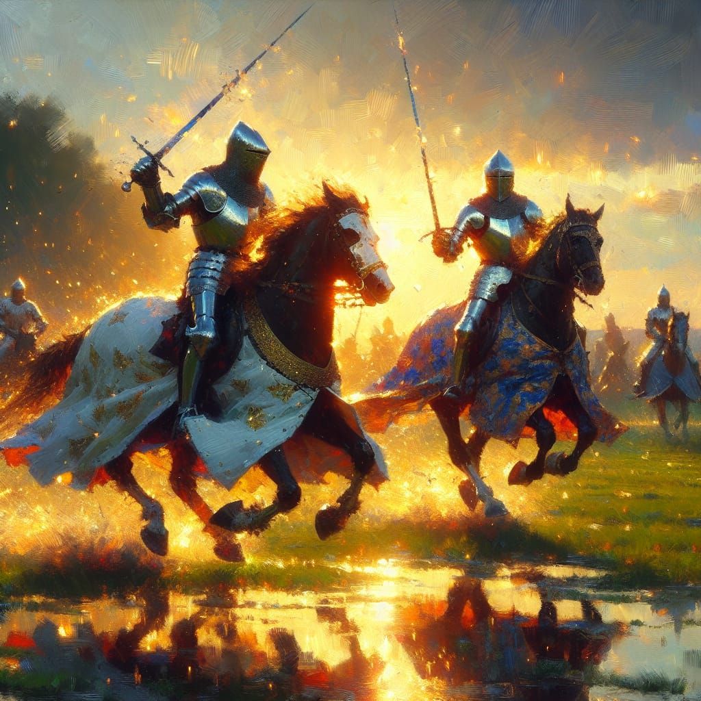 Knights Jousting at Sunset in Impressionist Style