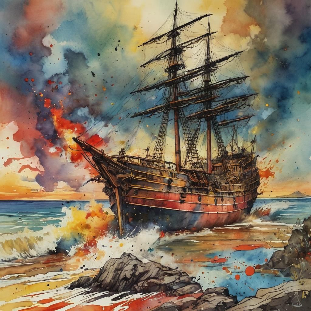 Fantasy composition. 
An old  Dutch ship  in flames