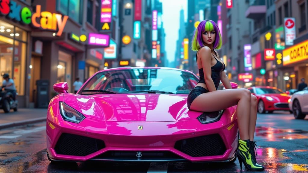 Neon Pink Ferrari Scene in City Street