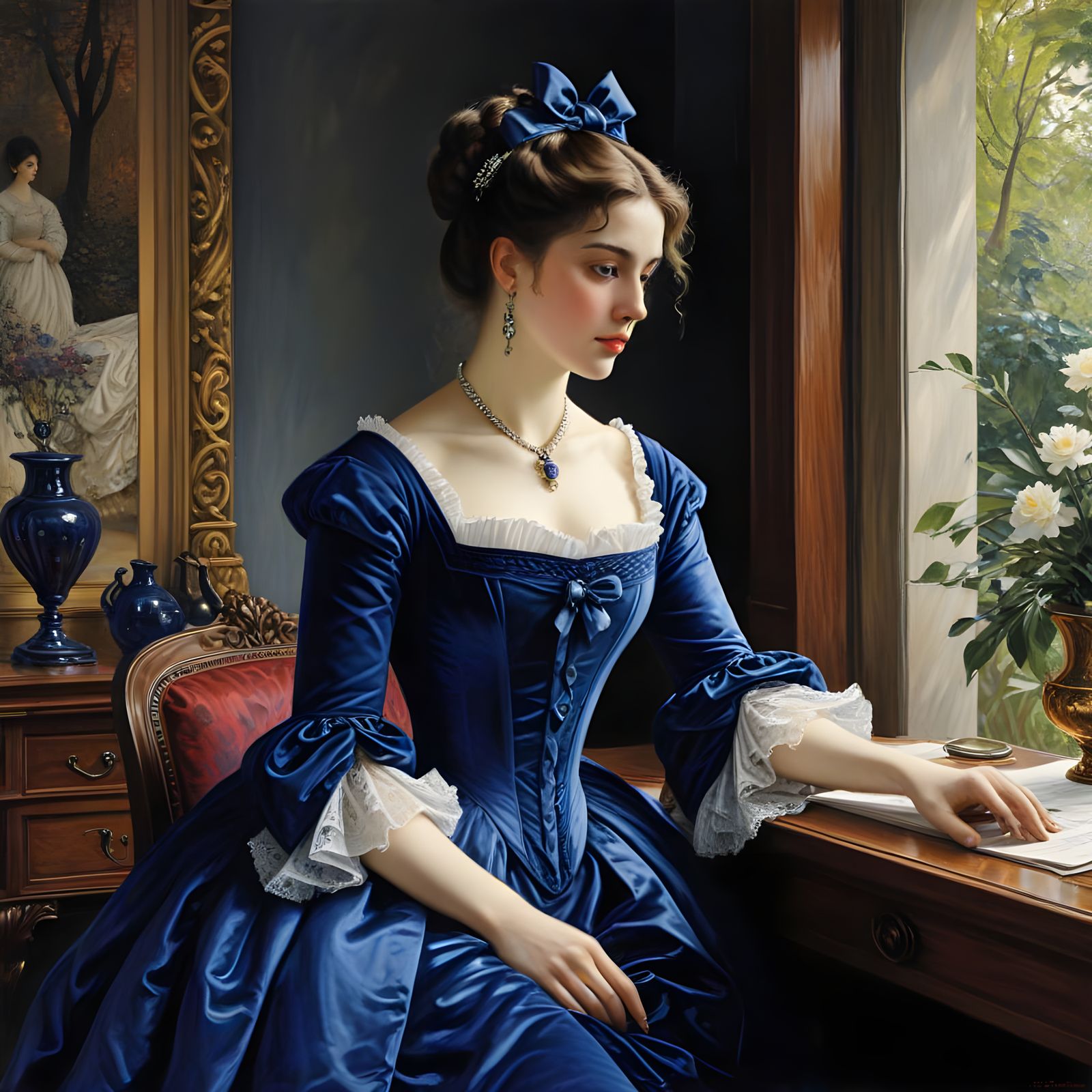 Elegant Victorian Woman in Royal Blue Silk Velvet