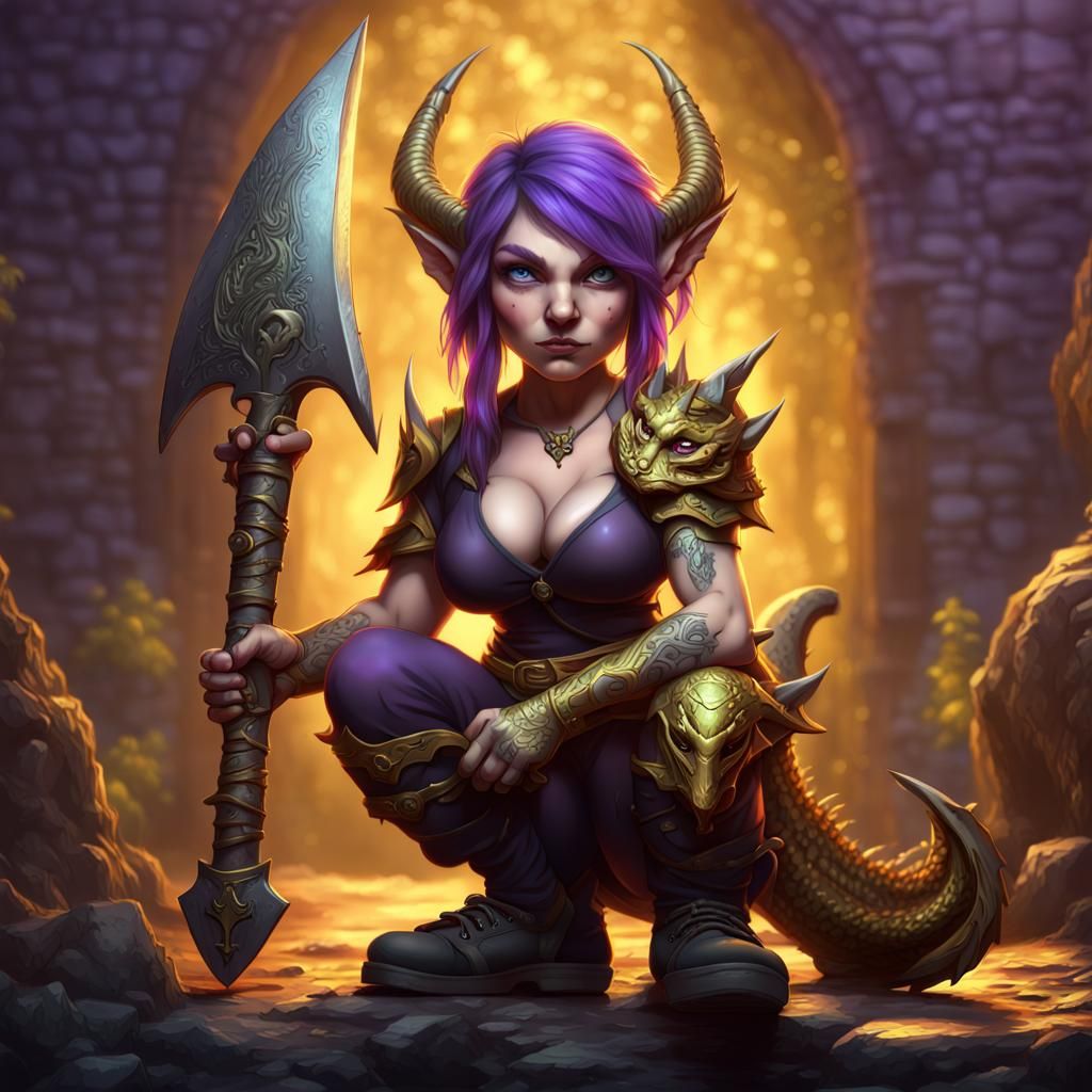 Gnome Half-Dragon with Axe, Dark Fantasy Art