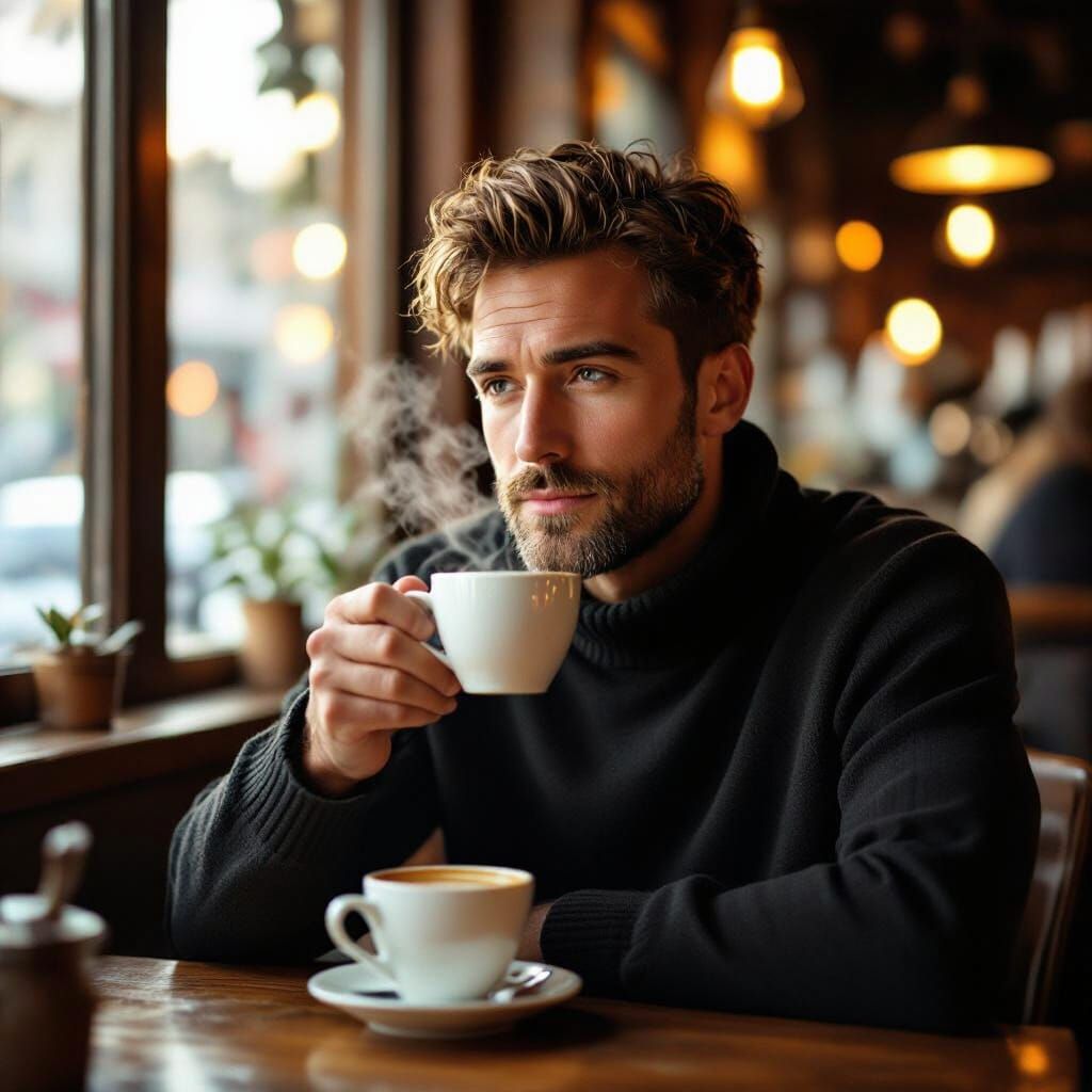 Man Enjoys Coffee in Cozy Cafe, Golden Hour Light