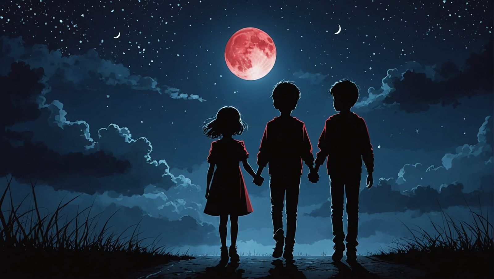 Stormy Night Silhouette of Couple Under Moonlight