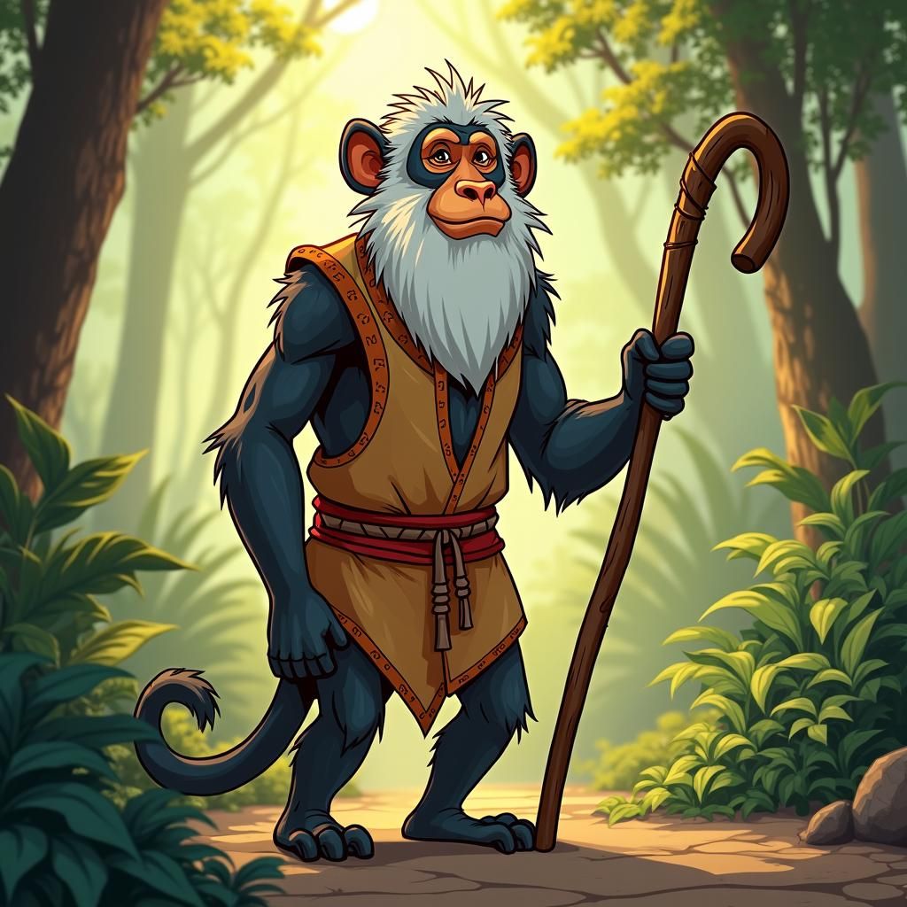 Wise Mandrill Monkey in Jungle, Animated Style