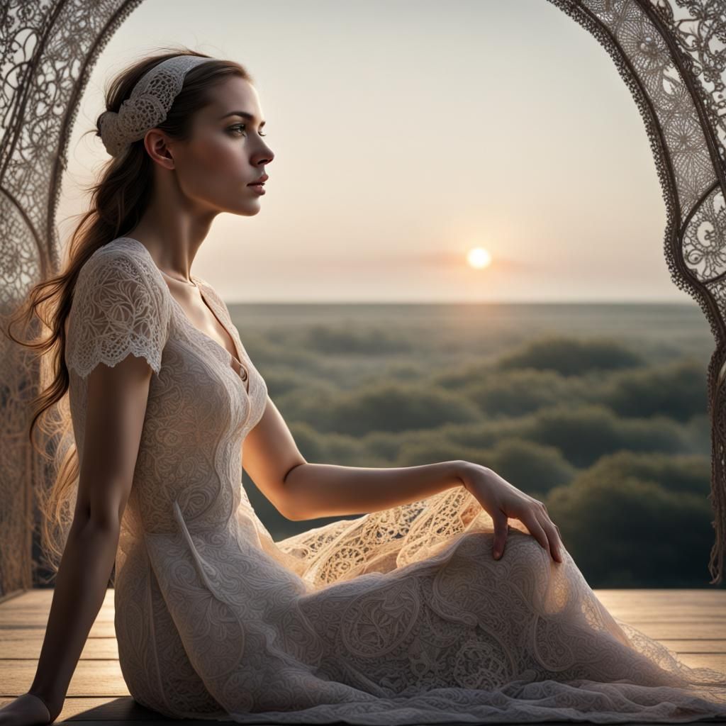Woman Gazing at Sun in Lace Artwork Style