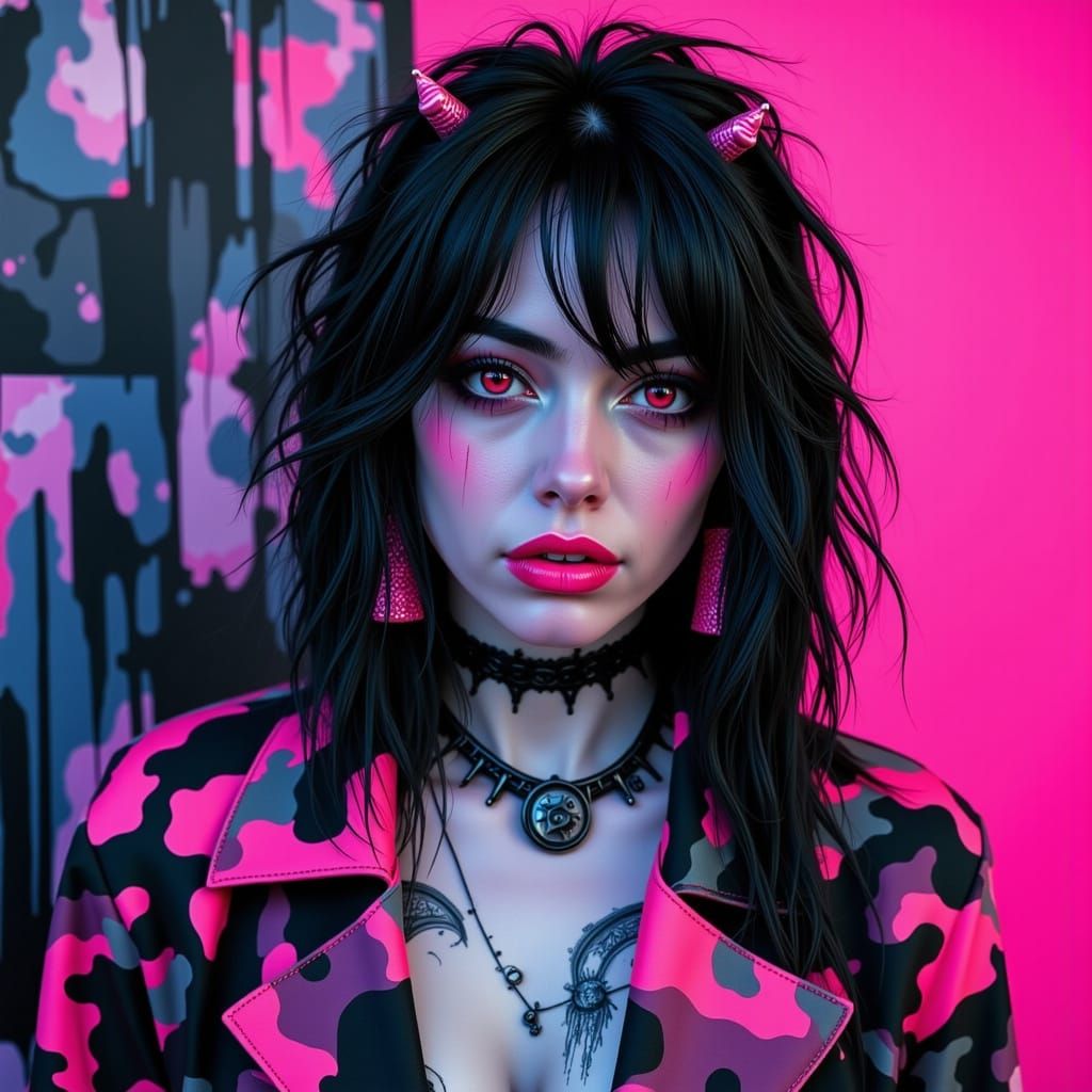 Gothic-Punk Woman with Fiery Eyes in Hyperrealistic Style