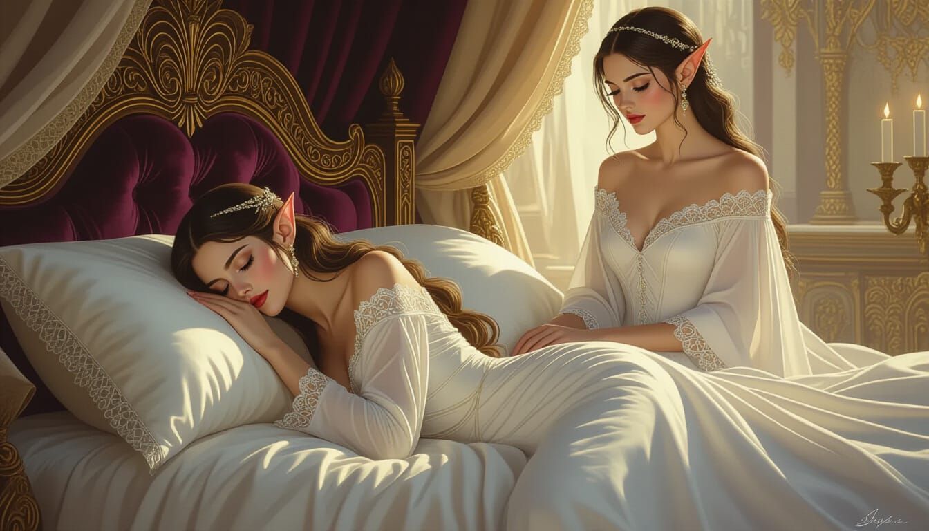 Elegant Elf Women in a Velvet-Draped Bed