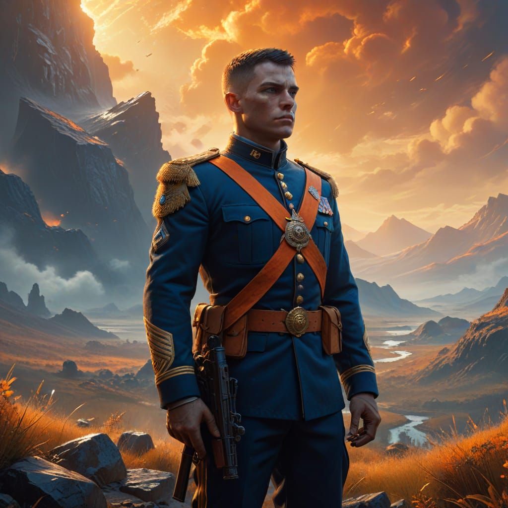 Soldier in Dramatic Fantasy Landscape Oil Painting