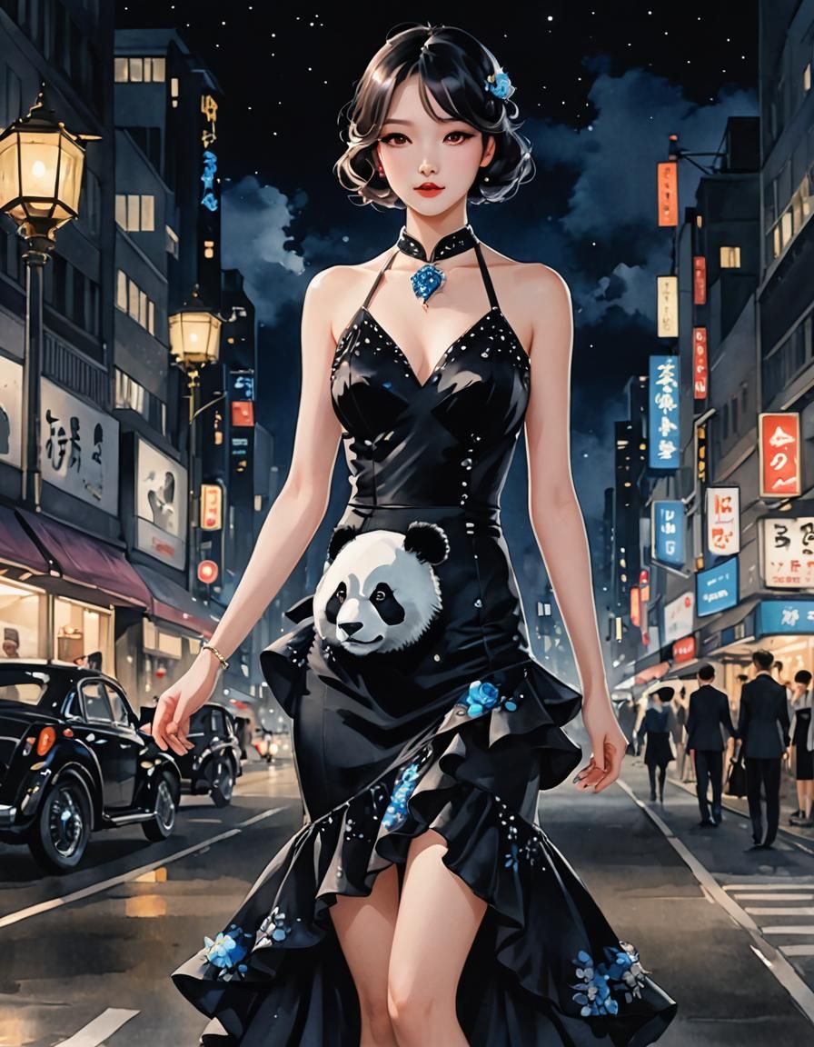 Watercolor Runway with Panda Print Suit, Anime Style