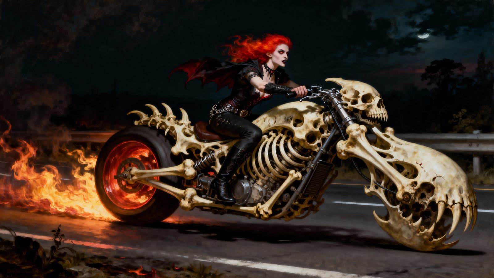 Vampire Biker in Baroque Style with Bone Motorcycle