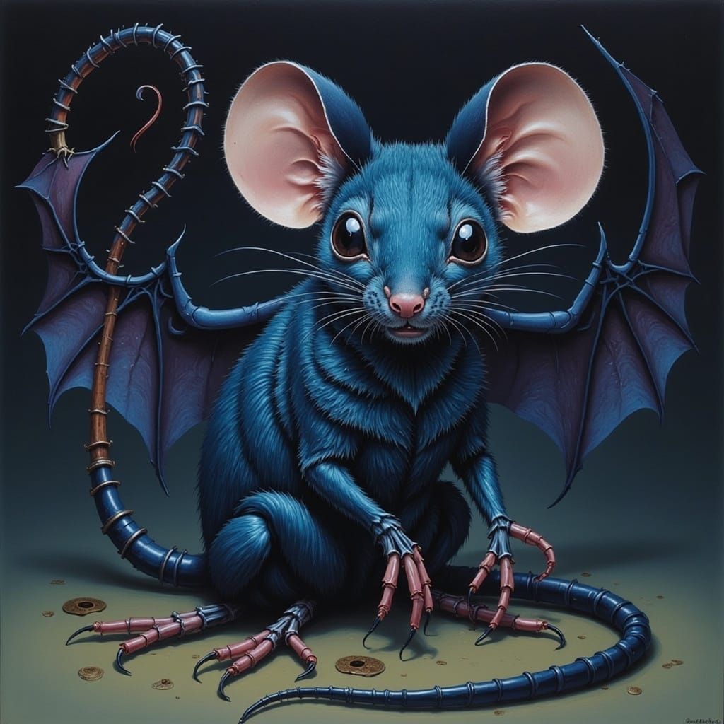 Gothic Blue Rat with Wings in Dark Fantasy Style