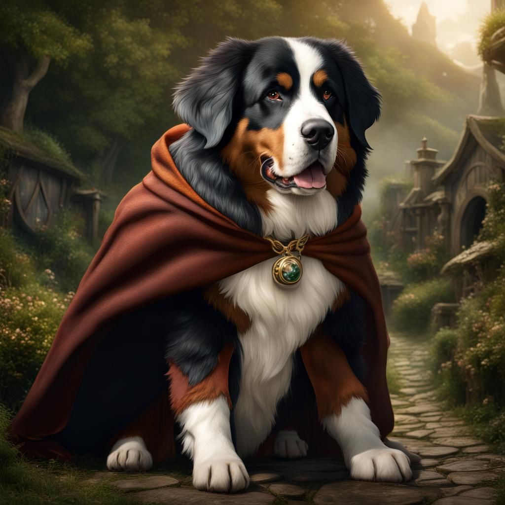 Bernese Mountain Dog as LOTR Hobbit in Digital Painting