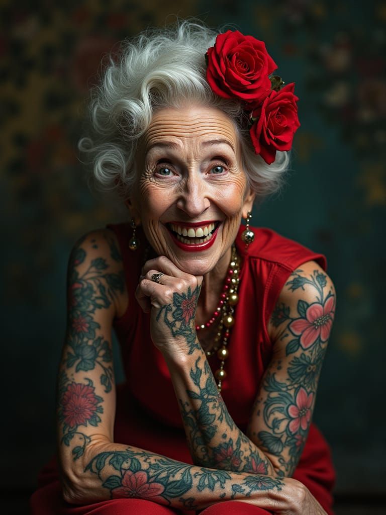 Tattooed Grandmother in Vibrant, Glamorous Portrait