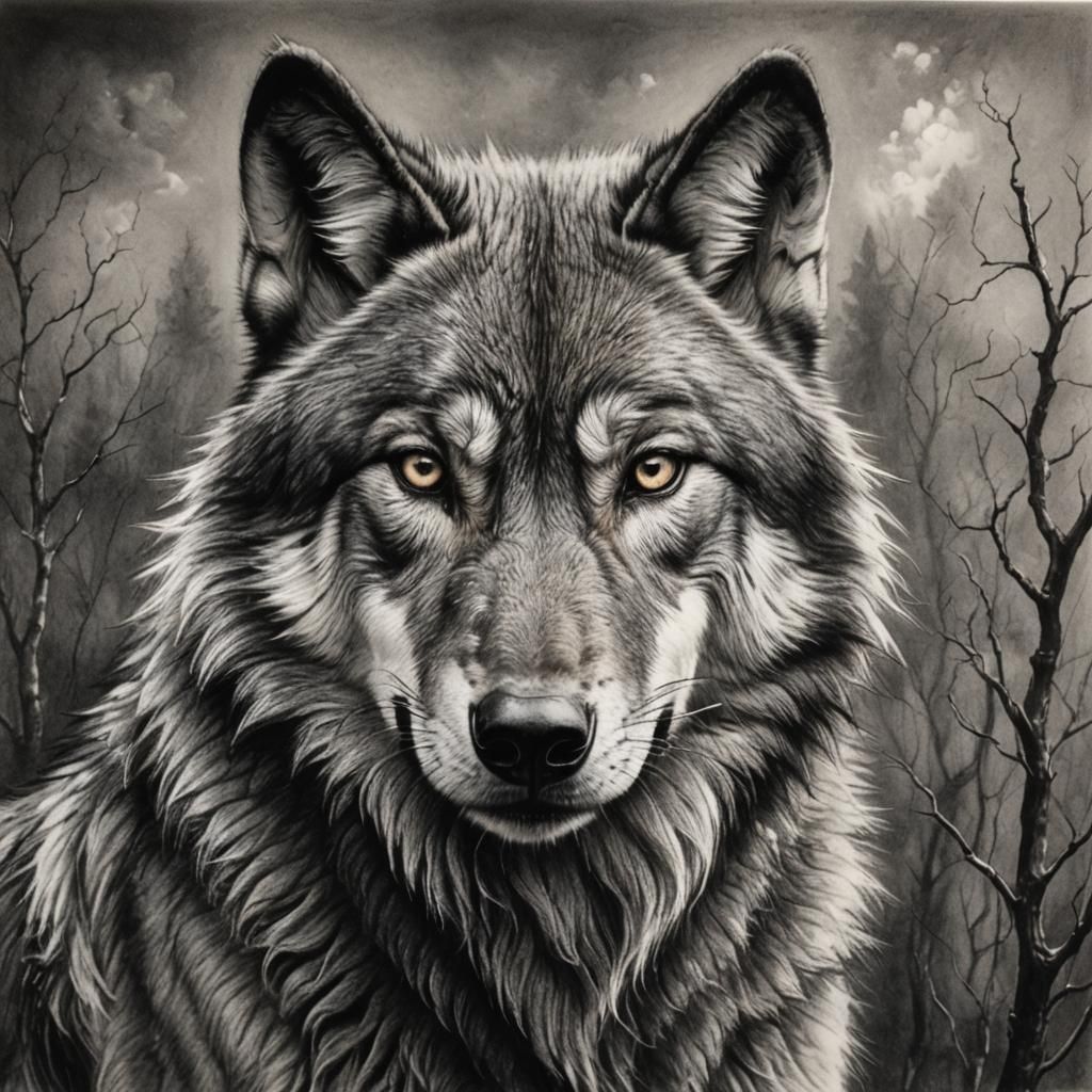 Detailed Charcoal Drawing of a Wolf