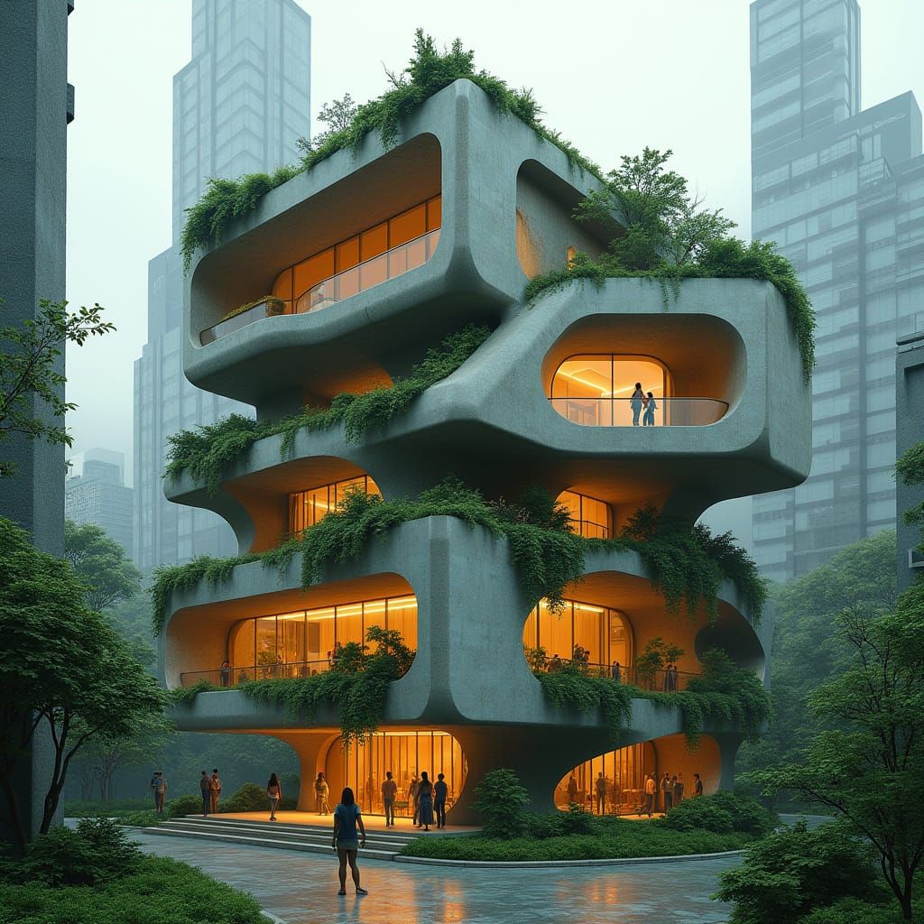 Biomorphic Building in Futuristic Cityscape