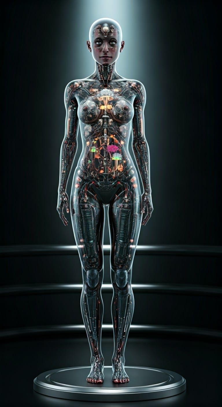 Transparent Cyborg Woman in Metallic Room