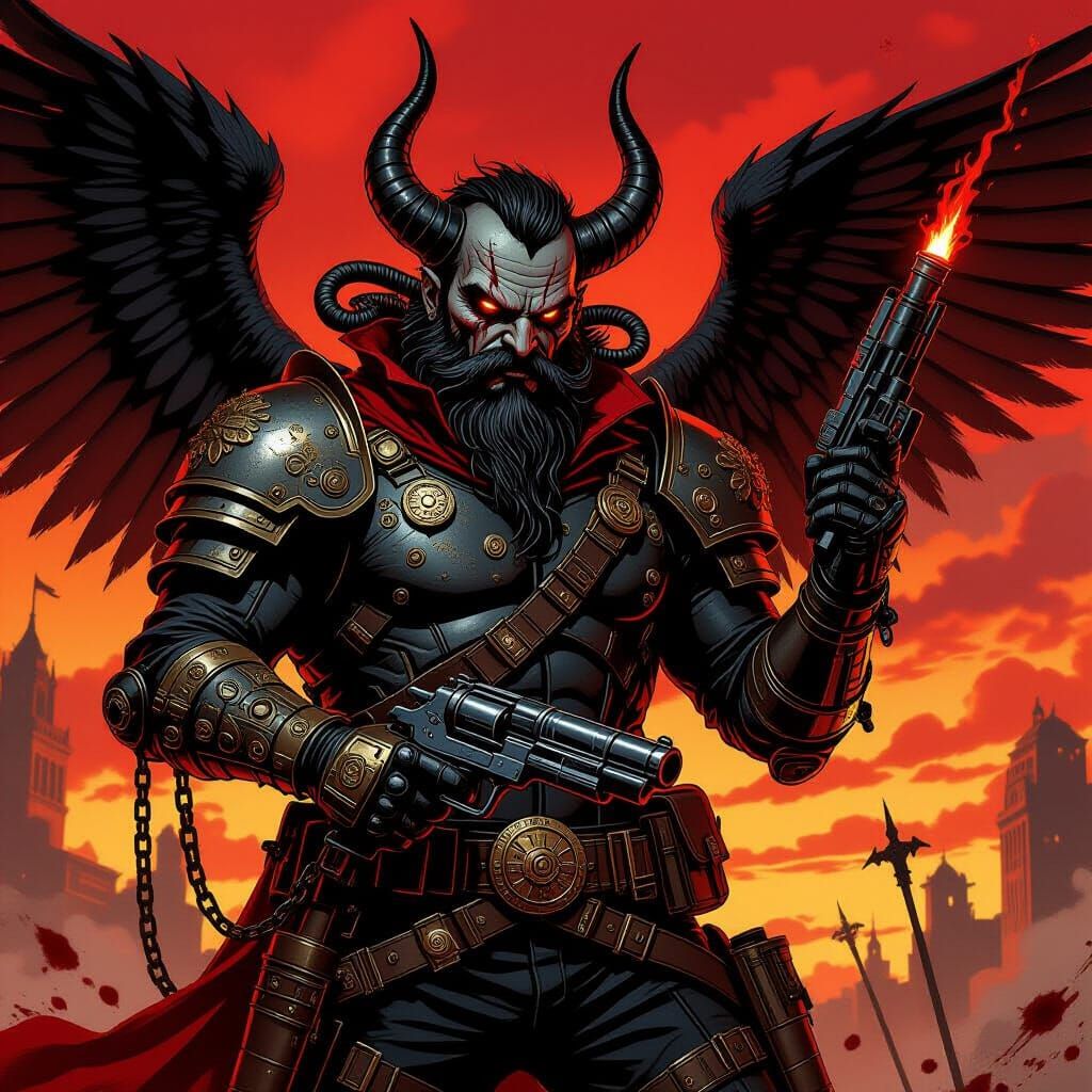 Steampunk Devil Bounty Hunter in Dark Fantasy Style