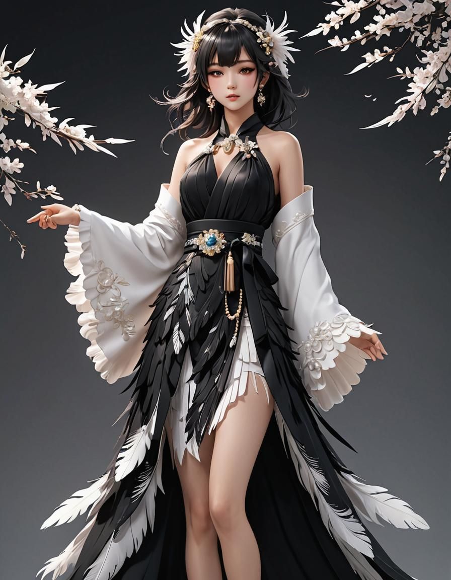 Feather Kimono Dress in 3D Anime Style