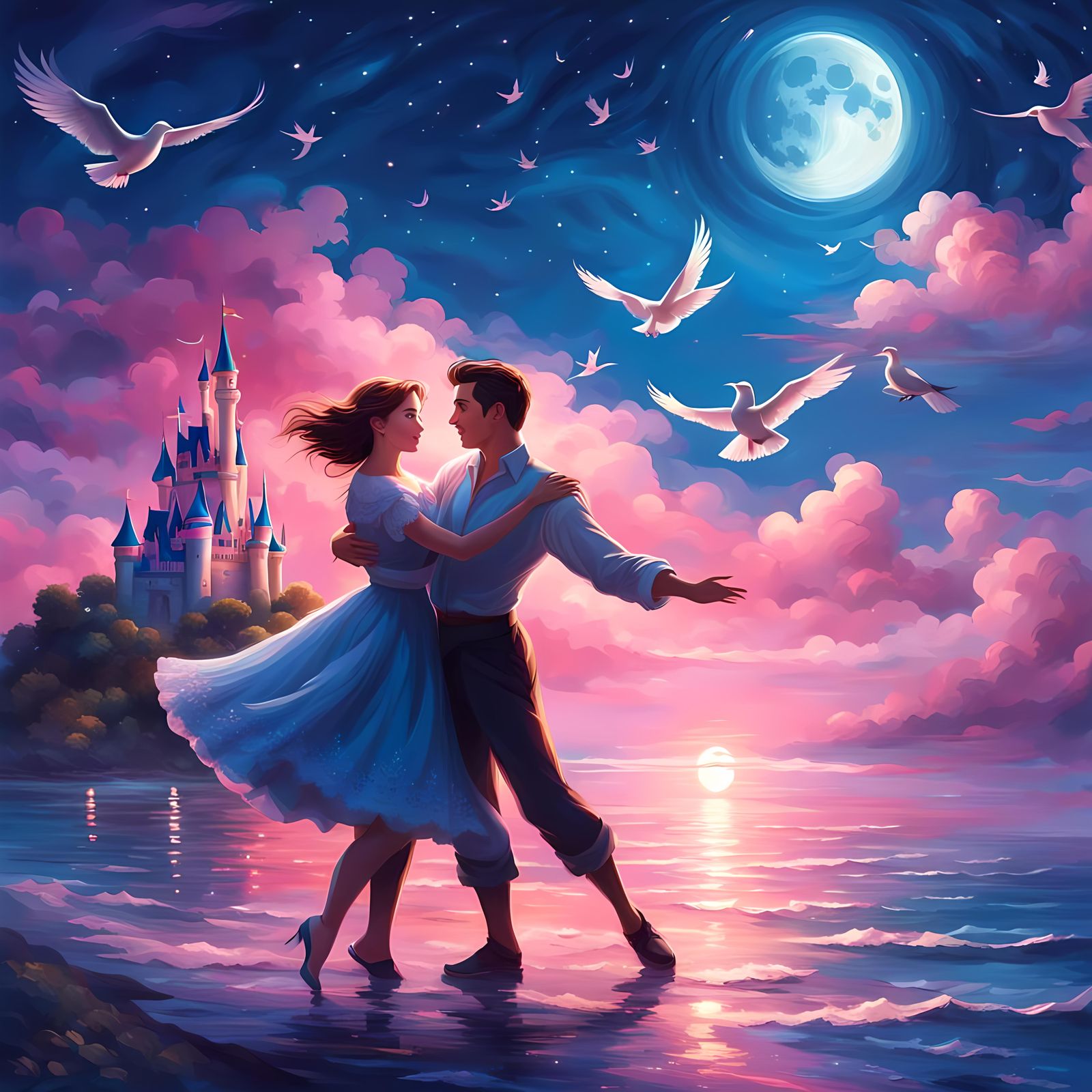 Romantic Couple Dancing by the Sea at Night