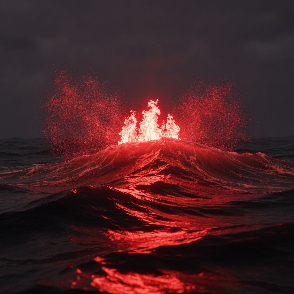 Scarlet Ocean Waves Crashing in Deep Red Flames