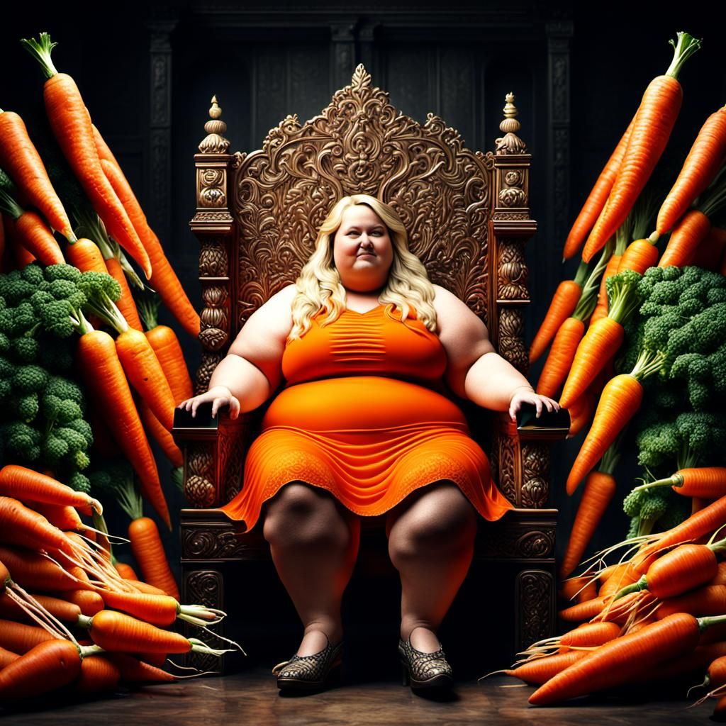 Woman on Carrot Throne: Hyperrealistic Detailed Image