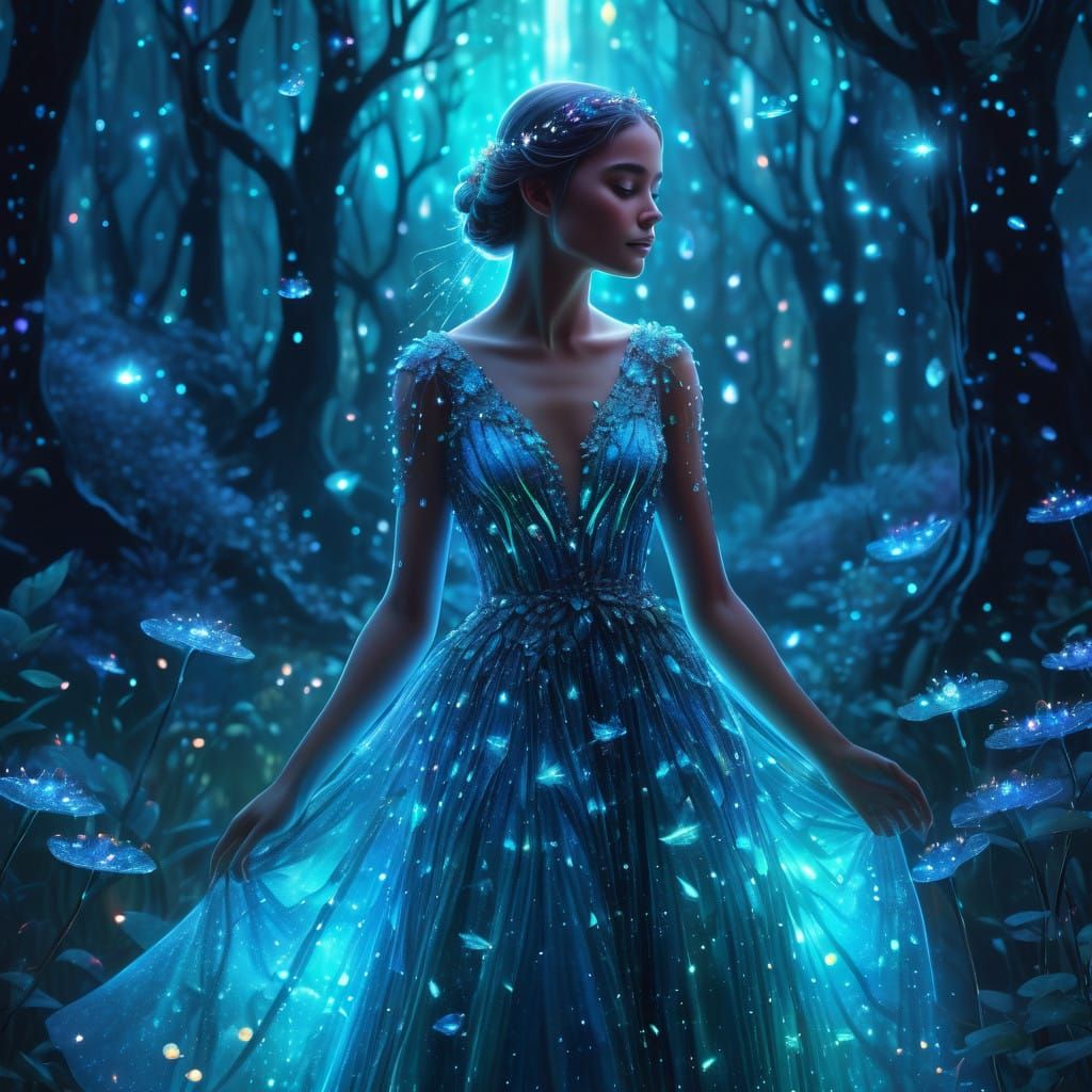 Ethereal Gown in Cosmic Crystal Forest