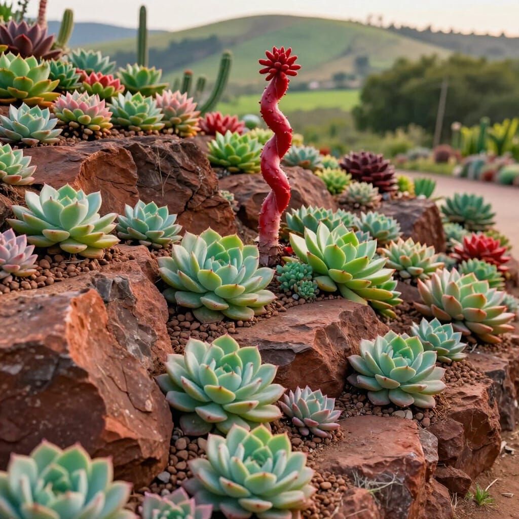 Vibrant Succulent Garden Photograph with Cascading Rocks