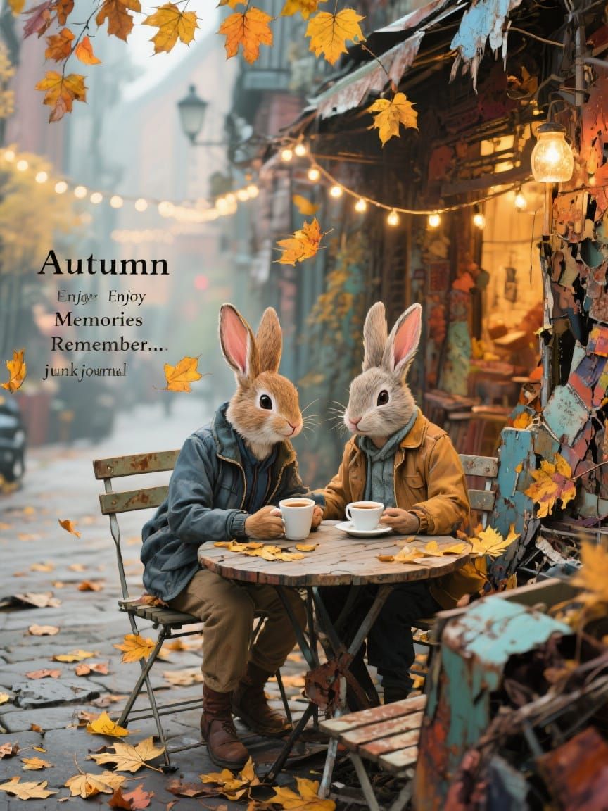 Bunnies Share Coffee in Autumn, Mixed Media Art