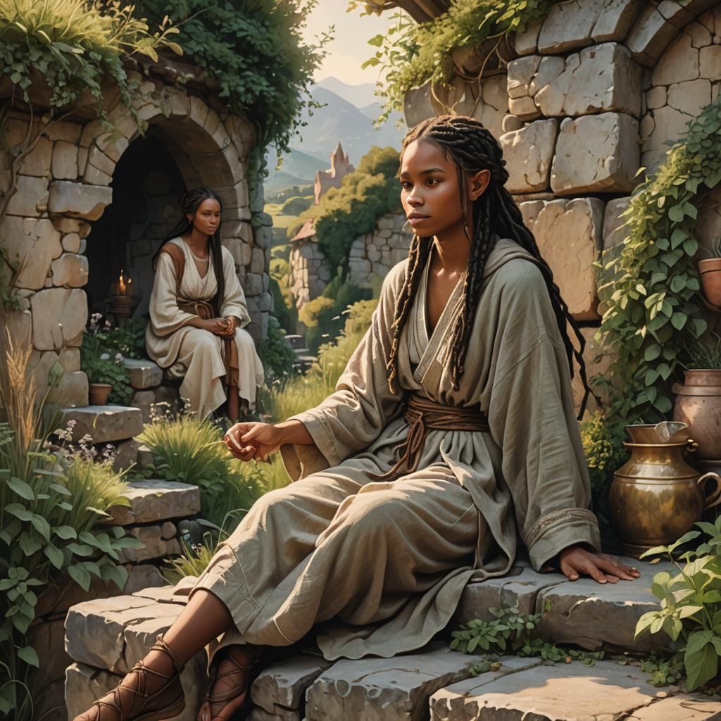 Fantasy Half-Elf Woman in Mystical Forest Landscape