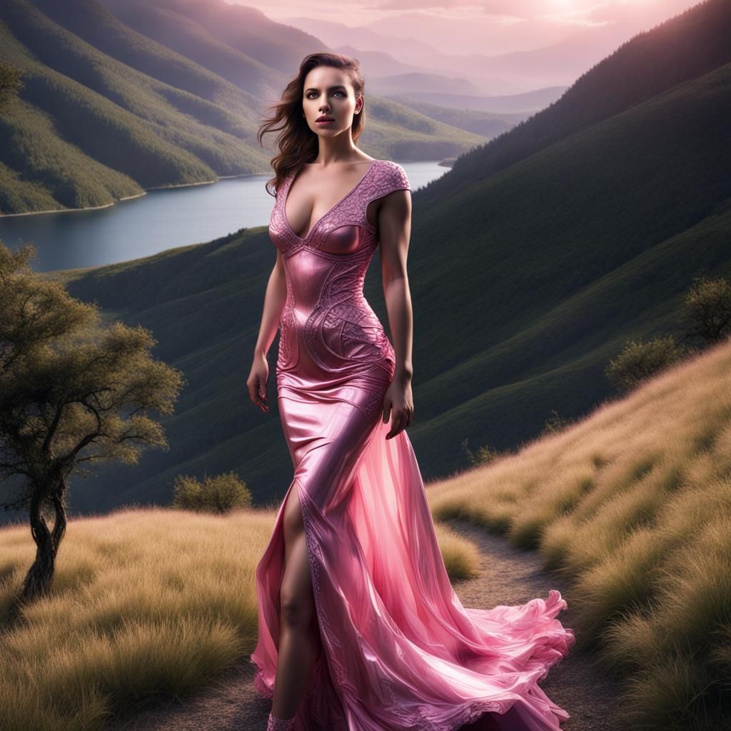 Woman in Pink Dress on Mountain Path