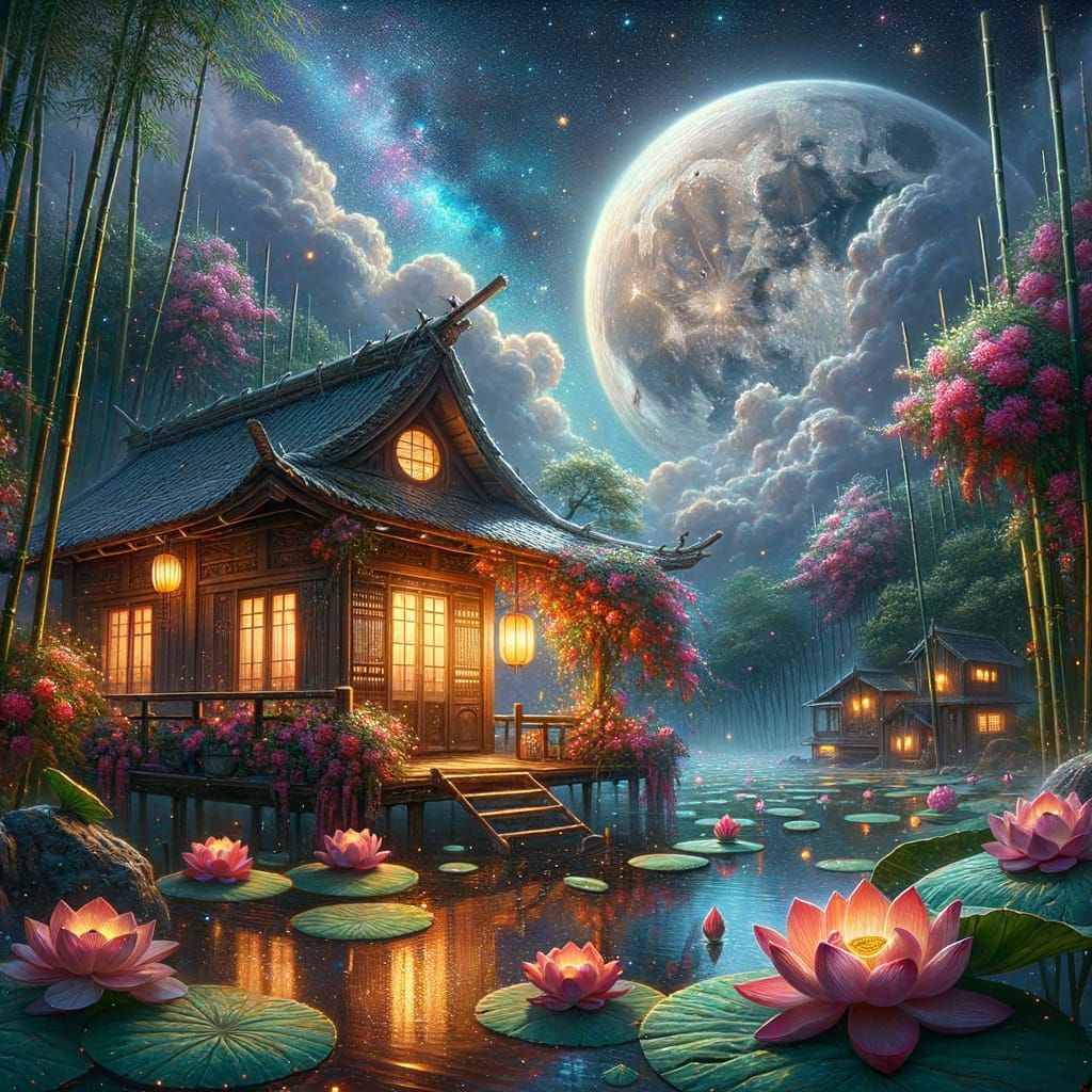 Tranquil Lotus Pond at Night: Oil Painting