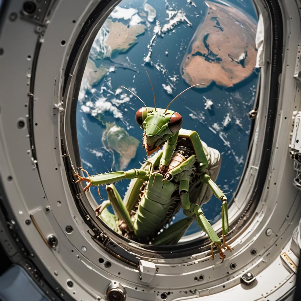 Mantis Astronaut Gazing at Earth Orbit