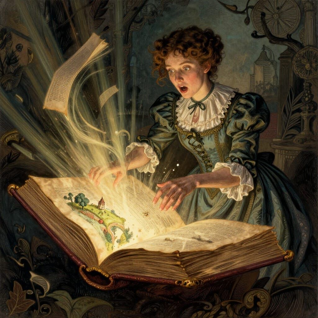 Victorian Woman Pulled Into Enchanted Gilded Book