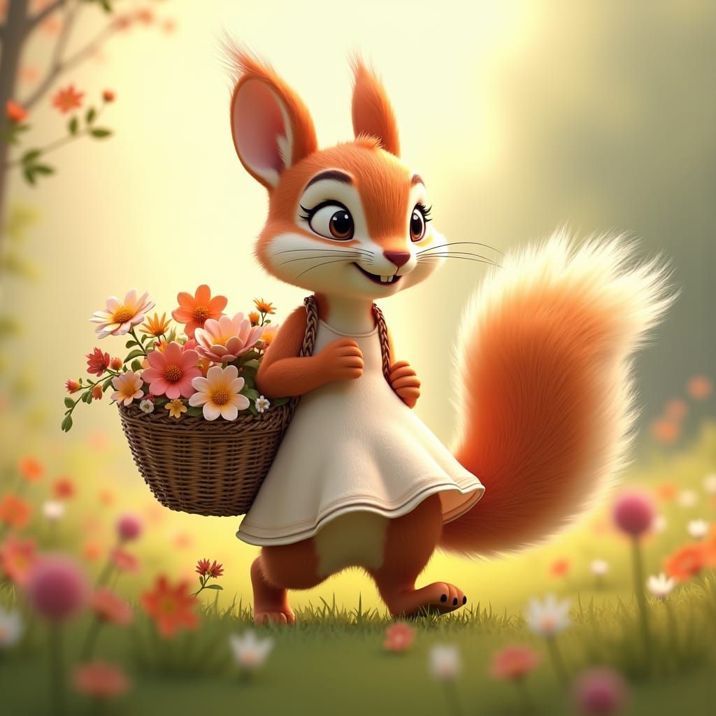 Squirrel in Blooming Meadow, 3D Rendered Art