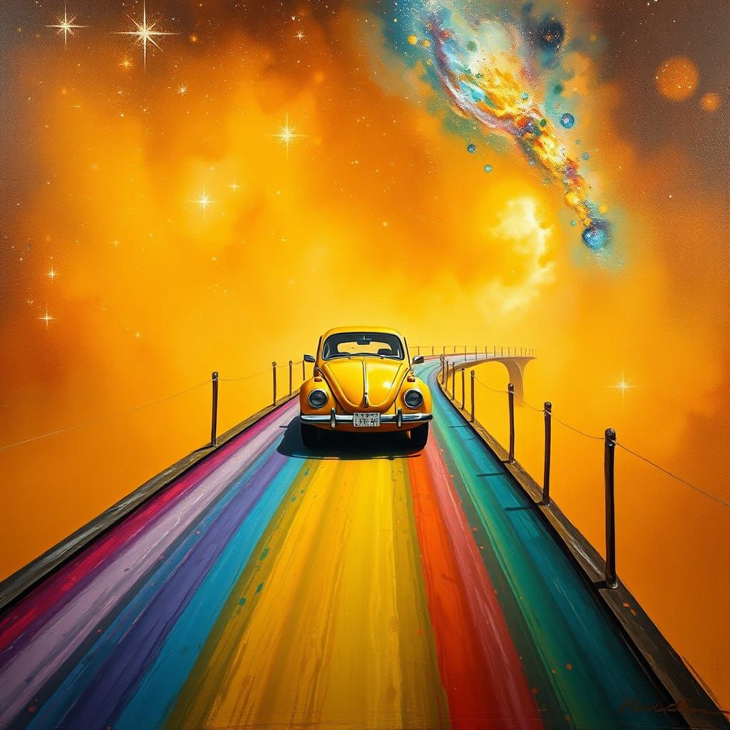 Golden VW Beetle on Rainbow Bridge: Oil Painting