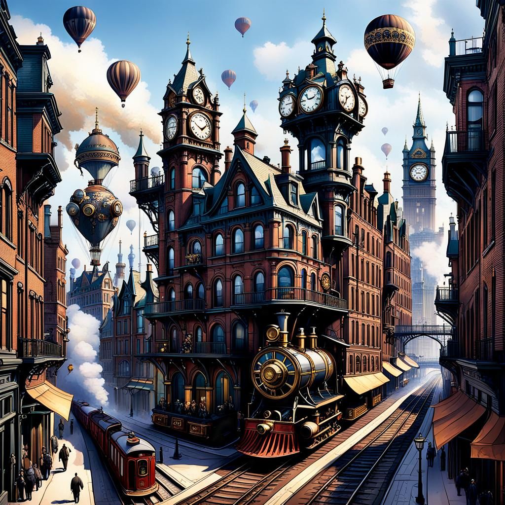 Steampunk Cityscape with Victorian Buildings and Airships