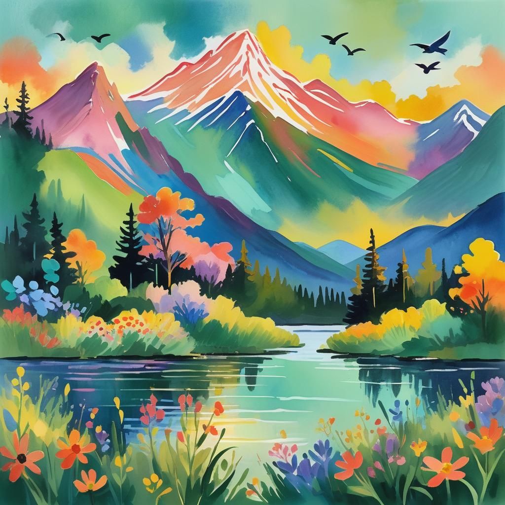 Impressionist Sunset Over Mountain Lake, Gouache Painting